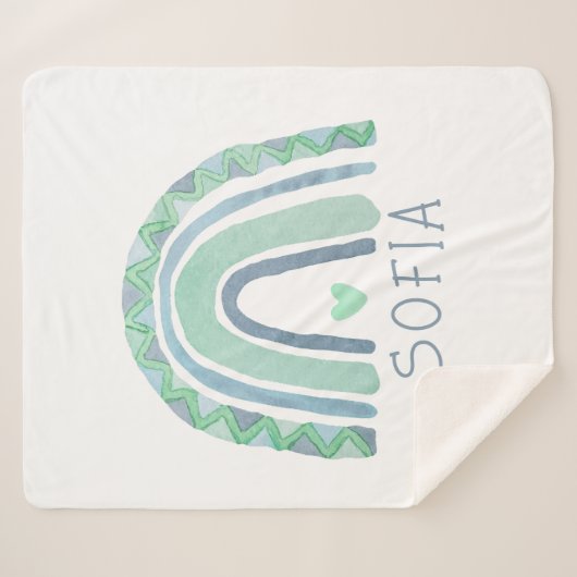 Minzgrün und blauer Boho Regenbogen Sherpadecke (Vorderseite (Horizontal))