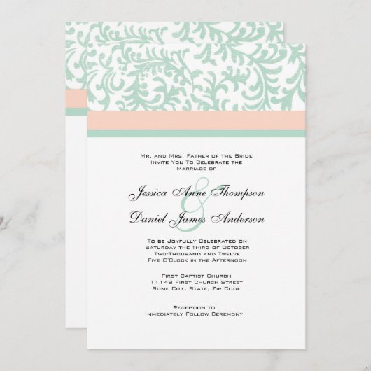 Minzgrün und Pfirsichrosa Einladung zur Hochzeit (Vorne/Hinten)