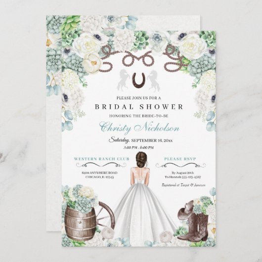 Minzgrün und Weiß-Western-Brautparty Einladung (Vorne/Hinten)
