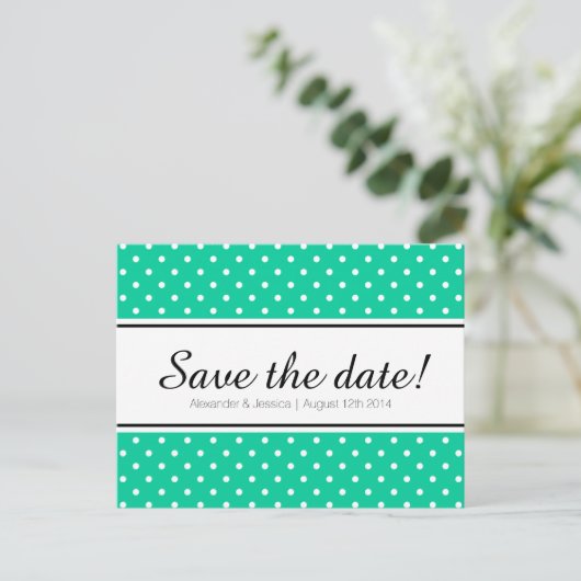 Minzgrün und weißer Punkt Save the Date Postkarte (Stehend Vorderseite)