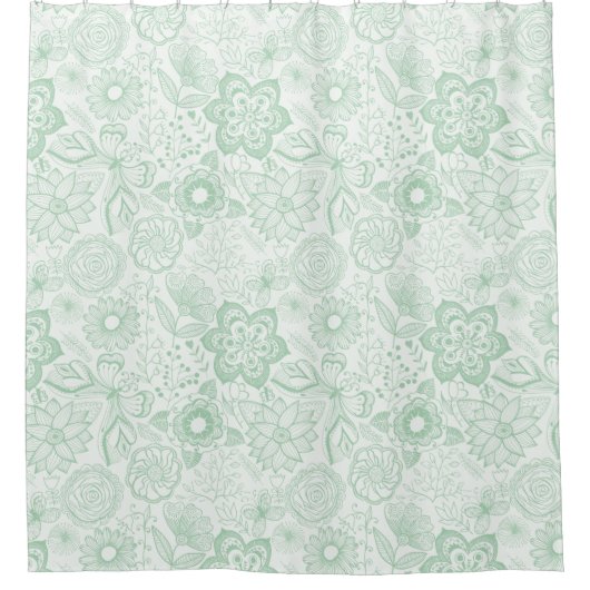 Minzgrün-weiße Retro-Blume und Schmetterlinge Duschvorhang (Vorderseite)