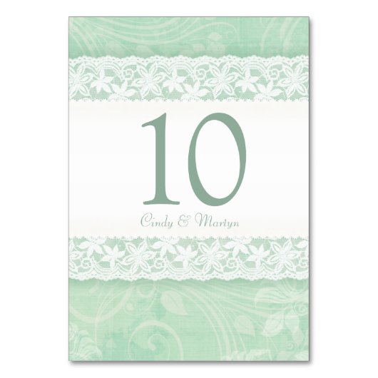 Minzgrün-weiße Spitzen drucken Hochzeitsfeier Tisc Tischnummer (Vorderseite)