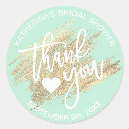 Minzgrün-Weißgoldbrush Stroke Brautparty Runder Aufkleber (Vorderseite)