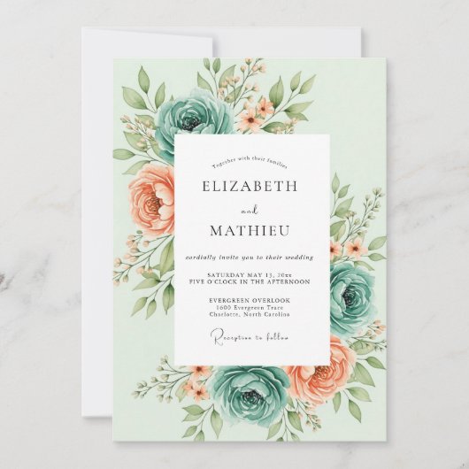 Minzgrüne blühende botanische Hochzeit Einladung (Vorderseite)
