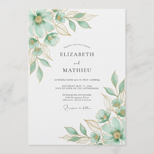 Minzgrüne Florale Hochzeit Einladung (Vorderseite)