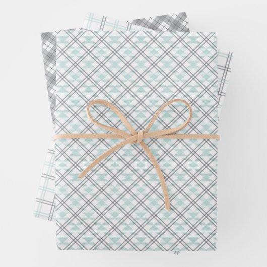 Minzgrüne und graue Gingham-Geschenkpapierbögen Geschenkpapier Set (Beispiel)