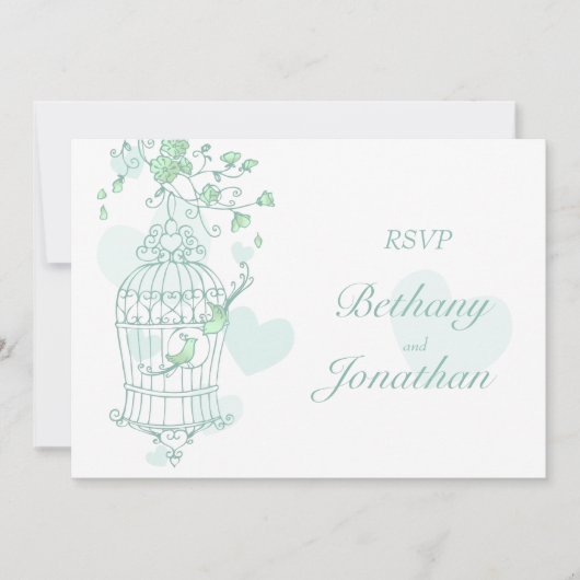 Minzgrüne Vögel öffnen Käfig Hochzeit RSVP Einladung (Vorderseite)