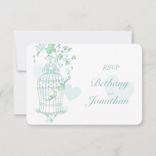 Minzgrüne Vögel öffnen Käfig Hochzeit RSVP Karte (Vorderseite)