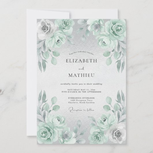 Minzige Florale Hochzeit Einladung (Vorderseite)