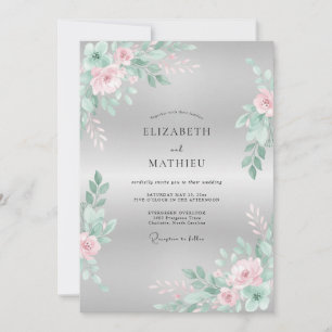 Minzpinkfarbene Blumige Hochzeit Einladung