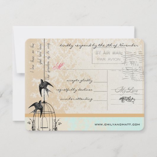 Minzrosa Rich Gold Damask Birdcage Wedding RSVP (Vorderseite)
