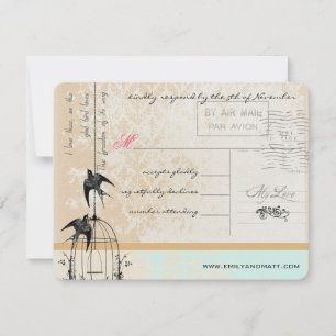 Minzrosa Rich Gold Damask Birdcage Wedding RSVP Karte
