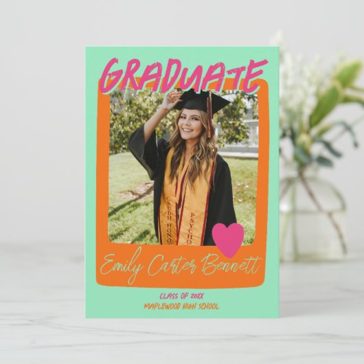 Minzrosa und Orange Foto Graduation Party Einladung (Stehend Vorderseite)