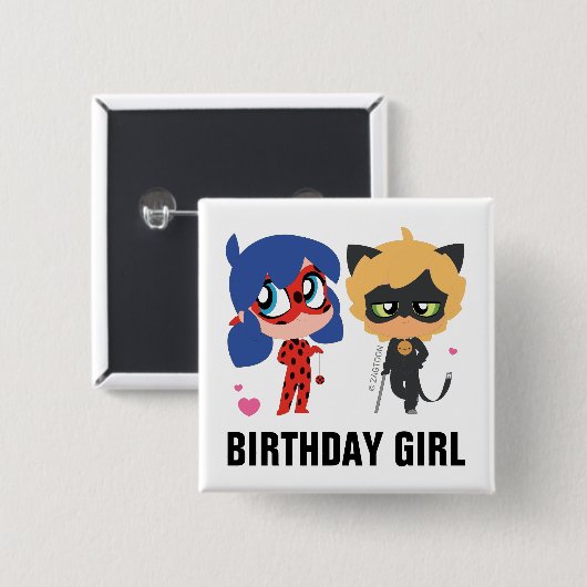 Miraculous Ladybug & Cat Noir Chibi Birthday Girl Button (Vorne & Hinten)