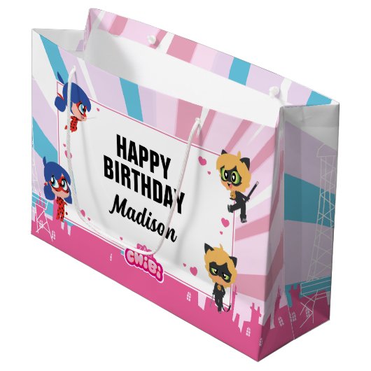 Miraculous Ladybug & Cat Noir Chibi Geburtstag Große Geschenktüte (Vorderseite Schrägansicht)