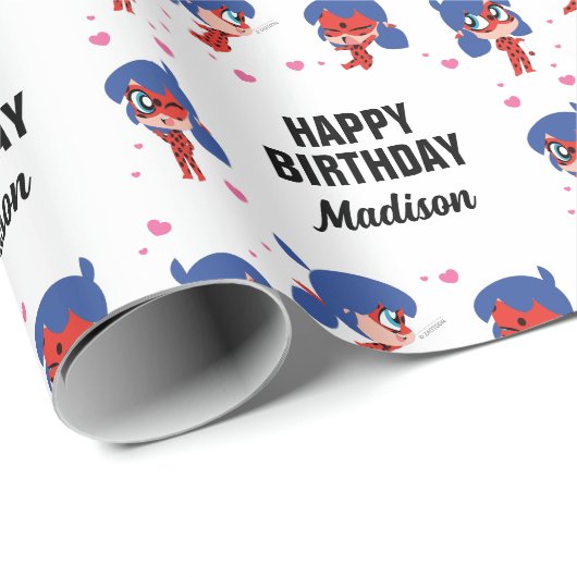 Miraculous Ladybug Chibi Geburtstag Geschenkpapier (Rolleneckpunkt)