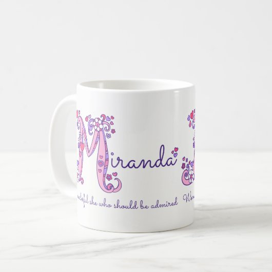 Miranda Name bedeutet Herz-Blume M Monogramm Tasse (Vorderseite Links)