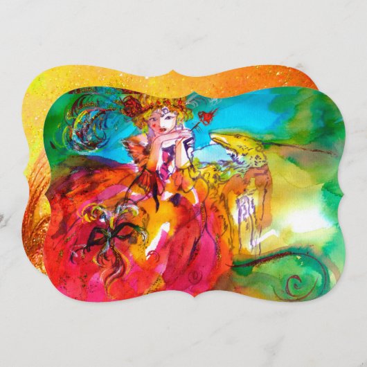 MIRANDOLINA MASQUERADE BALL, gelb-braun, grün Einladung (Vorne/Hinten)