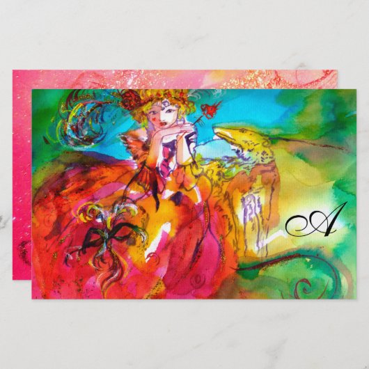 MIRANDOLINA Venezianisch Karneval Masken Monogramm Briefpapier (Vorne/Hinten)