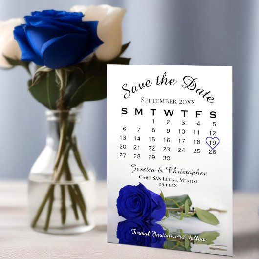 Mirrored Royal Blue Rose Save The Date