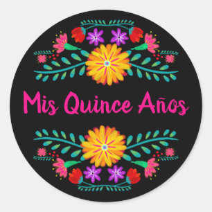 Mis Quince Anos Black Pink Mexican Fiesta Blume Runder Aufkleber