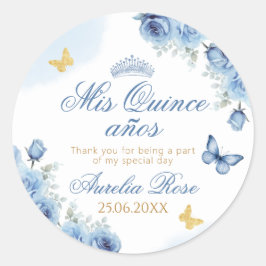 Mis Quince años Blue Floral Gold Butterfly Runder Aufkleber