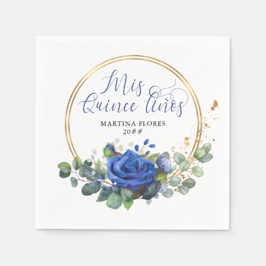 Mis Quince Anos Blue Rose und Eukalyptus Party Serviette (Vorderseite)