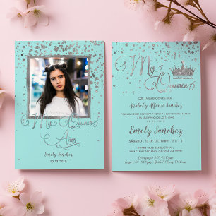 Mis Quince Anos Blue Silver Trendy Spanisches Foto Einladung
