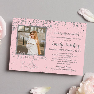 Mis Quince Anos Blush Pink Silver Confetti Foto Einladung