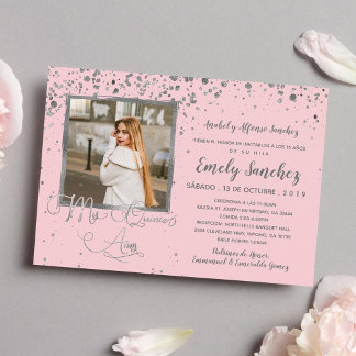 Mis Quince Anos Blush Pink Silver Confetti Foto Einladung