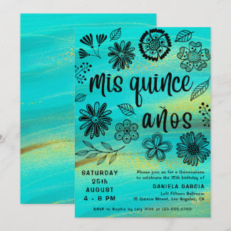 Mis Quince Años Chic Türkise Floral Quinceañera Einladung