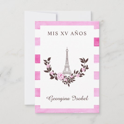 Mis Quince años Diseño Floral París Rayas Rosa Dankeskarte (Vorderseite)