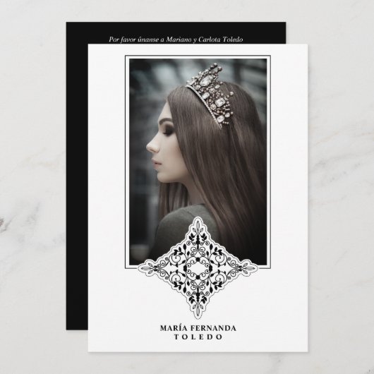 Mis Quince Años Español Foto Efecto Encaje Negro Einladung (Vorne/Hinten)