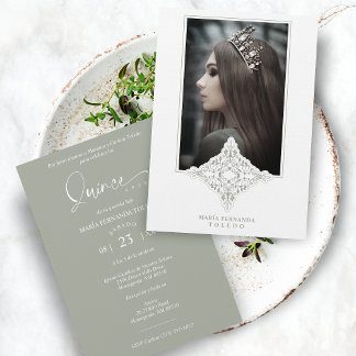 Mis Quince Años Español Foto Efecto Encaje Verdoso Einladung