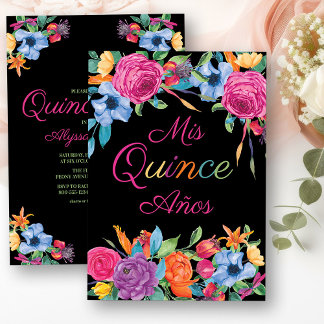 Mis Quince Anos Fiesta Blume Black Quinceanera Einladung