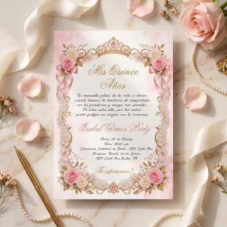 Mis Quince Años, Gold Tiara rosa floral Einladung