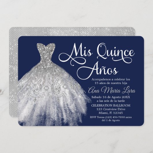 Mis Quince Años Invitación de Quinceañera Azul Einladung (Vorne/Hinten)