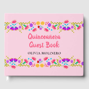 Mis Quince Anos Mexican Floral Pink Quinceanera Gästebuch
