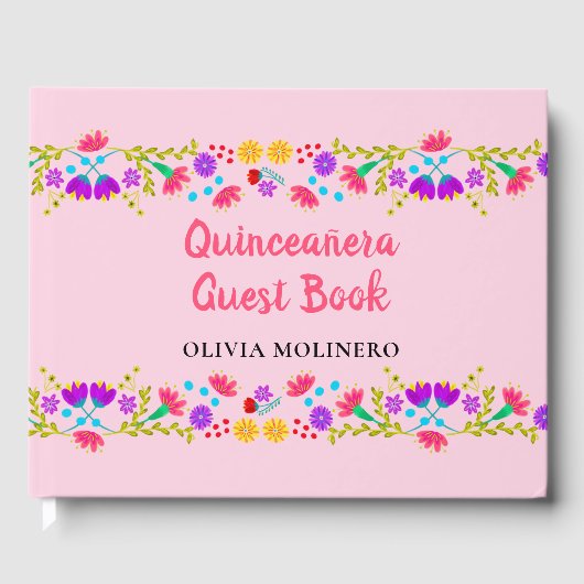 Mis Quince Anos Mexican Floral Pink Quinceanera Gästebuch (Vorderseite)