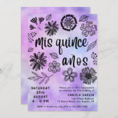 Mis Quince Años Modernes Lila Blumenquinceñera Einladung (Vorne/Hinten)