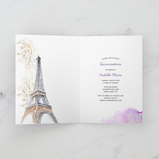Mis Quince Anos Paris Eiffel Tower Lavender Einladung (Innenseite)