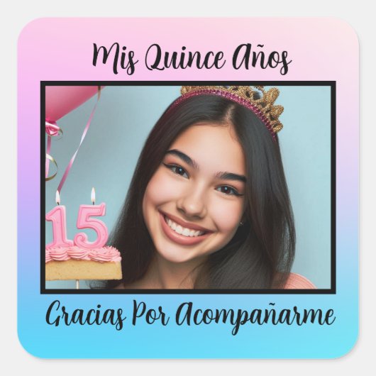 Mis Quince Años Quinceañera Gracias Con Foto Quadratischer Aufkleber (Vorderseite)