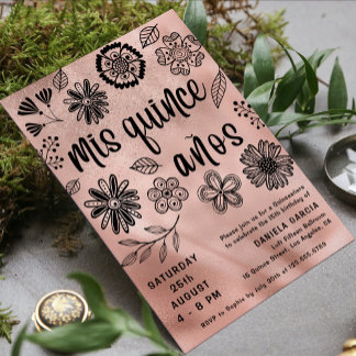 Mis Quince Años Rose Gold Chic Floral Quinceñera Einladung