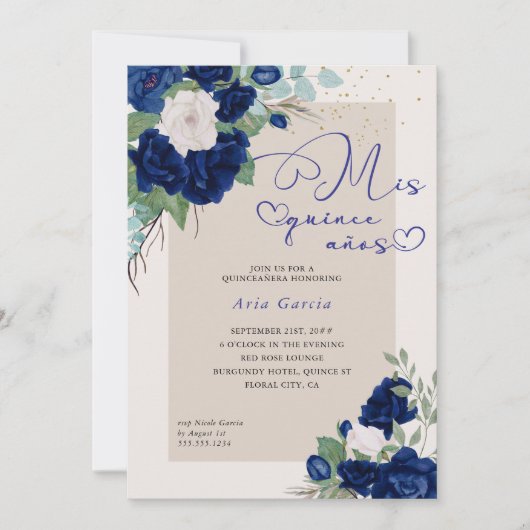 Mis Quince Anos Royal Blue Navy Floral Quinceanera Einladung (Vorderseite)