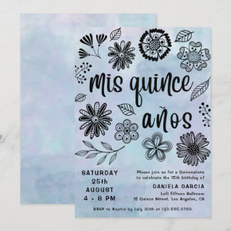 Mis Quince Años Watercolor Blue Floral Quinceañera Einladung