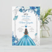 Mis Quince Aqua Aquamarine Blumenkrone Quinceañera Einladung (Stehend Vorderseite)