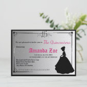 Mis Quince Black and White Elegante Einladung (Stehend Vorderseite)