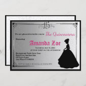 Mis Quince Black and White Elegante Einladung (Vorne/Hinten)