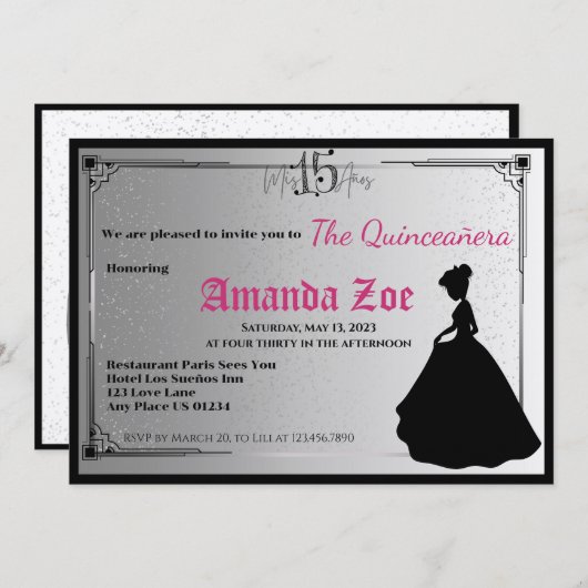 Mis Quince Black and White Elegante Einladung (Vorne/Hinten)
