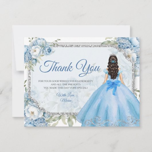 Mis Quince Blue Floral Silver Crown Quinceañera Dankeskarte (Vorderseite)